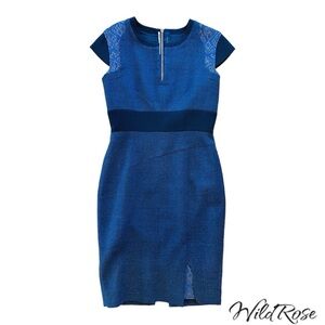 ROLAND MOURET BLUE WOOL PATTERNED INSERT FITTED SHEATH DRESS SZ 10